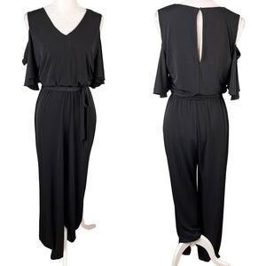 Calvin Klein Jumpsuit 8 Black Cold Shoulder Stretch Belt V-Neck